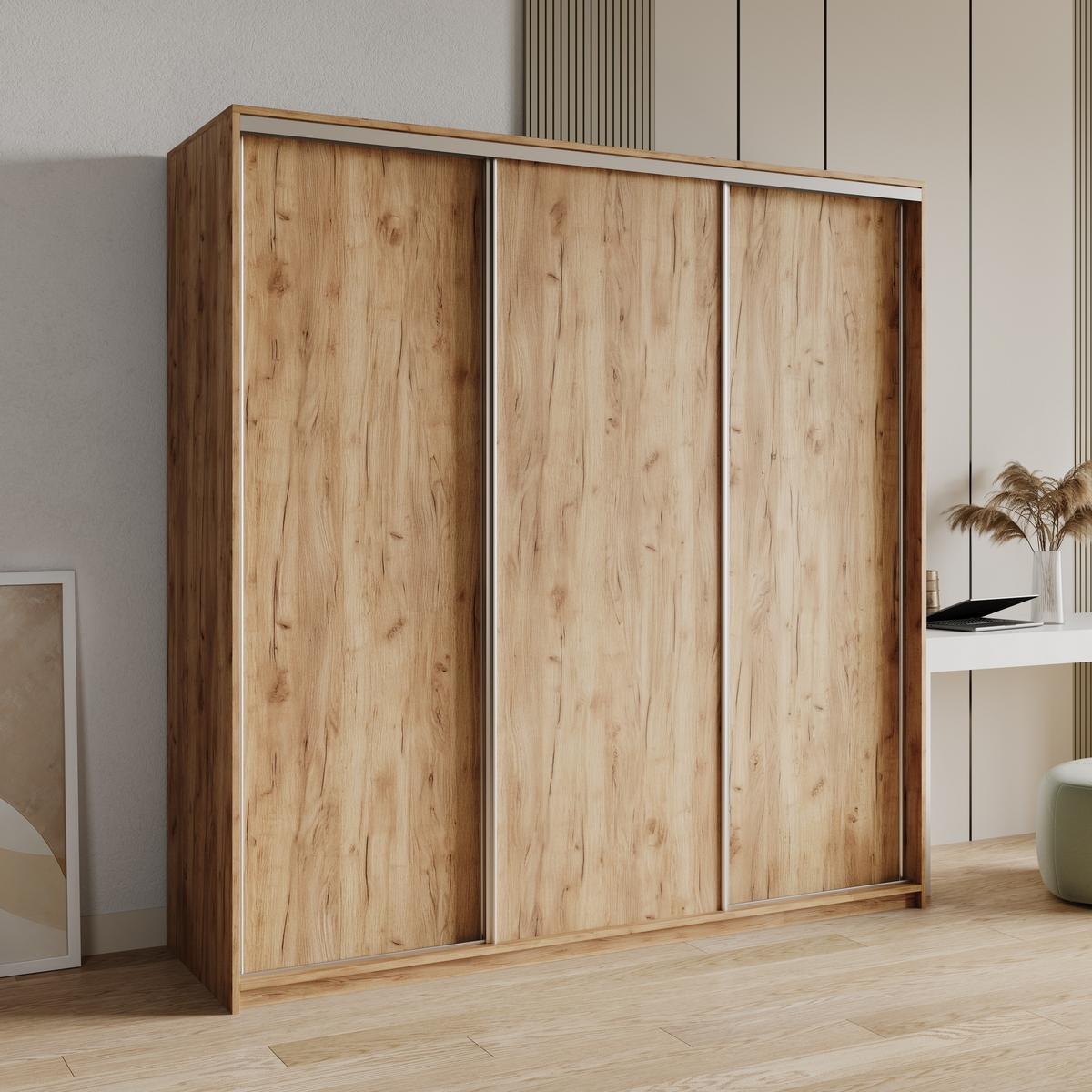 SCHWEBETÜRENSCHRANK NISSE 180/205/60 cm 3-türig mit Schubladen Craft Eiche Gold - Orange/Nickelfarben, Holzwerkstoff (180/205/60cm) - MASSENO