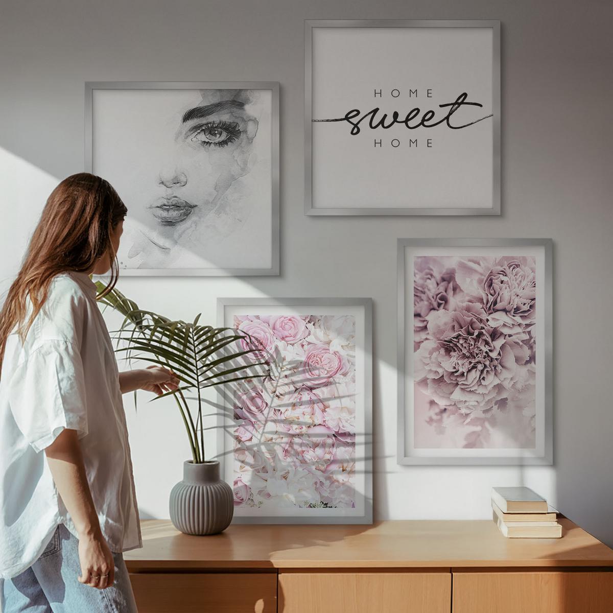 BILDER SET 4er Set - 50x50 cm & 40x60 cm Silberner Rahmen - Pfingstrosenporträt einer Frau für Zuhause - Silberfarben, Kunststoff (50/50cm) - TULUP