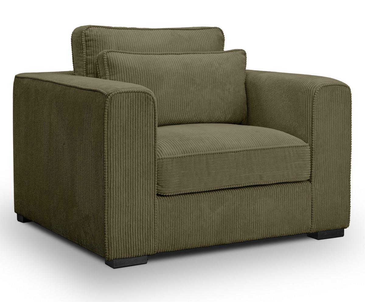 SESSEL khaki Cord, Loungesessel 120 cm, Wohnzimmersessel mit Wellenfederung - Dunkelgrün/Schwarz, Holzwerkstoff/Kunststoff (120/92/112cm) - Inn.Furn