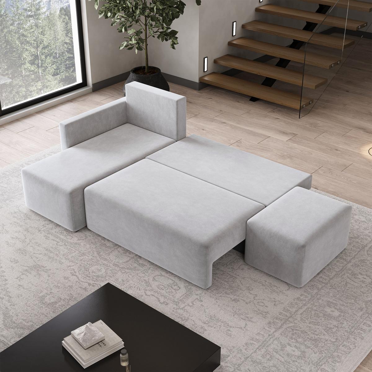 ECKSOFA VELOTTI L-S Hellgrau Plüsch-Stoff mit Schlaffunktion - Hellgrau, Holz (261/143cm) - MASSENO