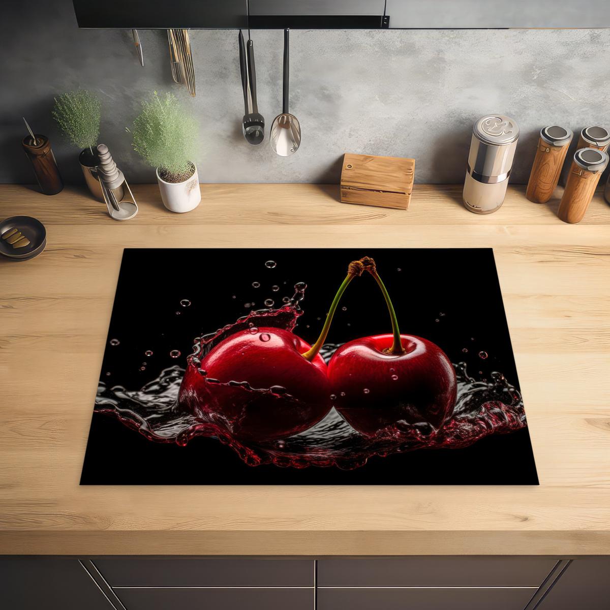 HERDABDECKPLATTE Kirsche - Rot - Frucht - Wasser - Schwarz Induktionsmatte 71x52 cm - Kirschrot, Kunststoff (71/52/0.2cm) - MuchoWow
