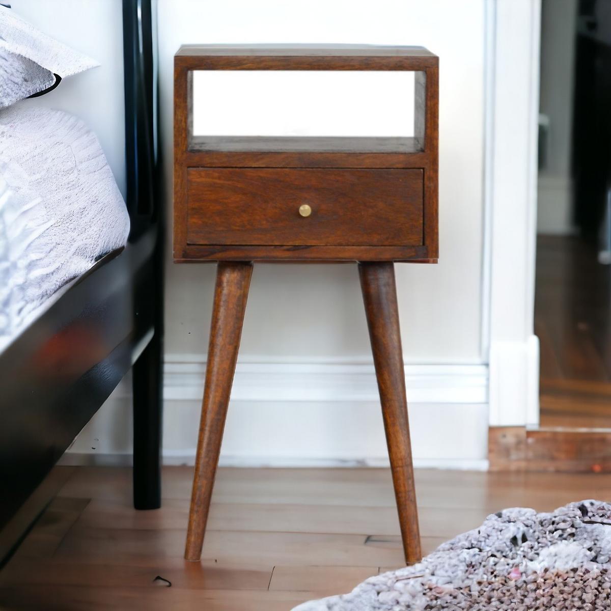 NACHTTISCH aus Massivholz, 1 Schublade, 1 Offene Lagerung, Nordische Beine, Braun - Messingfarben/Braun, Holz/Metall (30/57/30cm) - Artisan Furniture