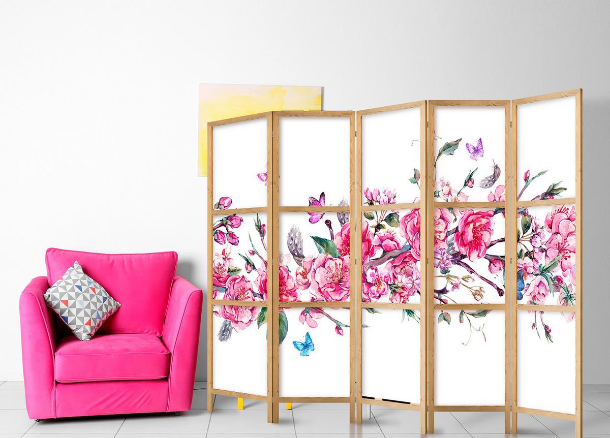 PARAVENT Japanischer 5-tlg 225x172 cm Bunte Blumen - Multicolor, Holz/Textil (225/172/3cm) - Muralo