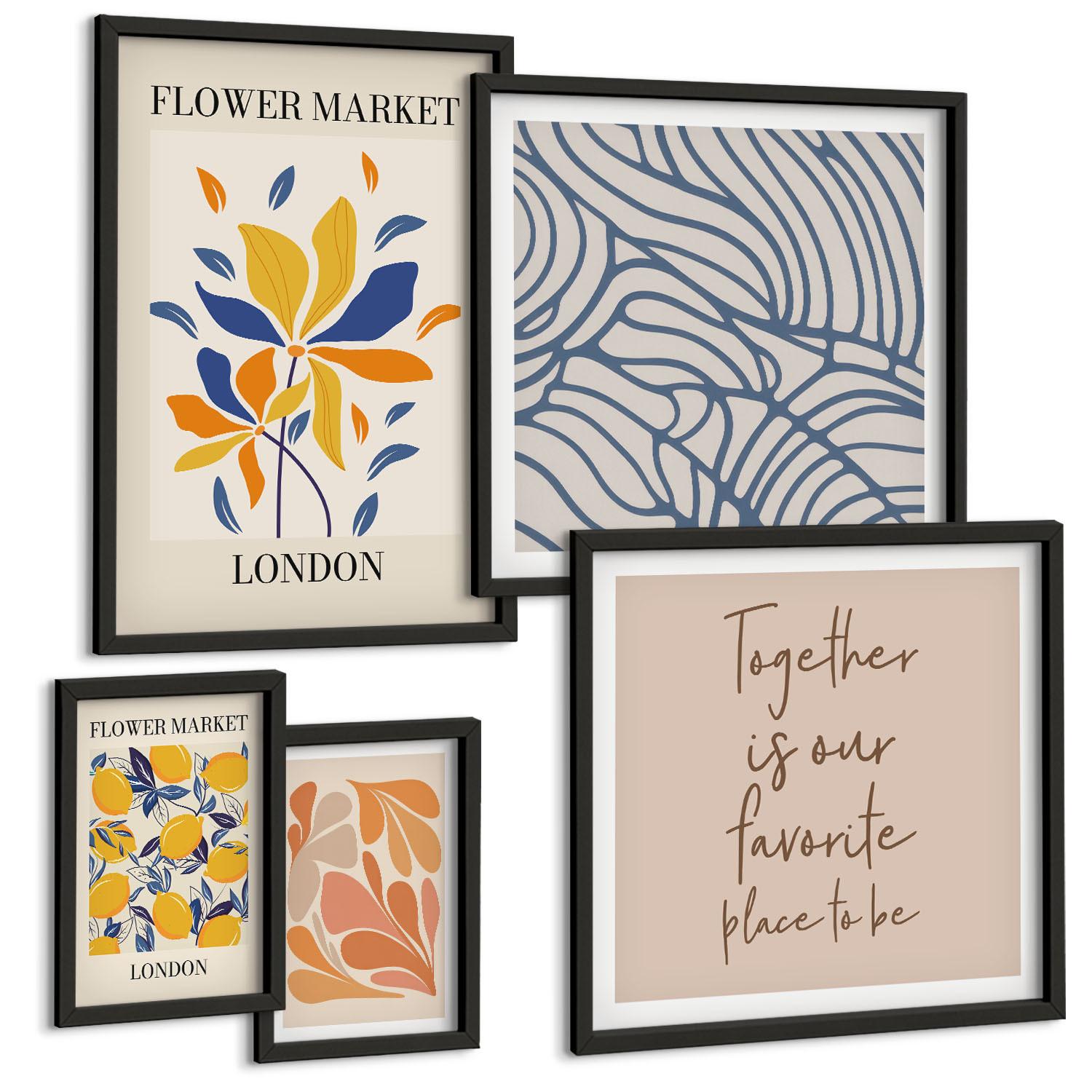 BILDER SET 5er Set - 50x50 cm & 20x30 cm & 40x60 cm Schwarzer Rahmen - Moderne abstrakte Blumen - Schwarz, Kunststoff (40/60cm) - TULUP
