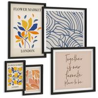 BILDER SET 5er Set - 50x50 cm & 20x30 cm & 40x60 cm Schwarzer Rahmen - Moderne abstrakte Blumen - Schwarz, Kunststoff (40/60cm) - TULUP