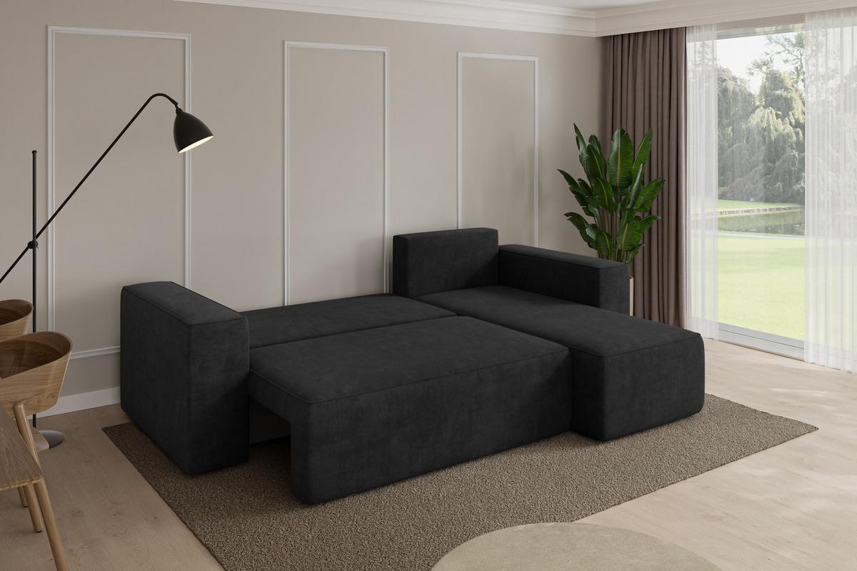 ECKSOFA mit Schlaffunktion Ottomane Rechts SENO-L 249x139x85 Schwarz Velours - Schwarz, Holzwerkstoff/Kunststoff (249/139cm) - ALTDECOR