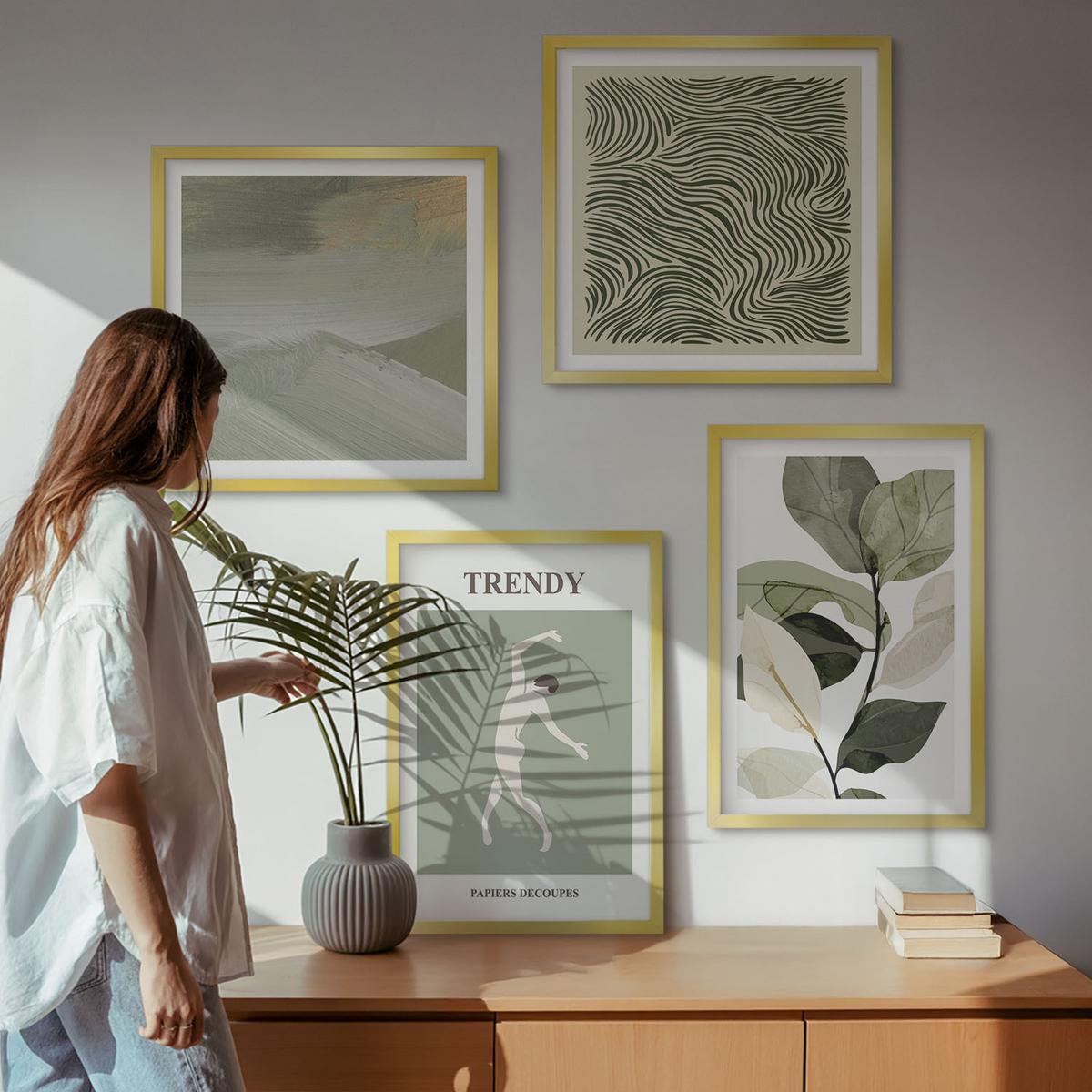 BILDER SET 4er Set - 50x50 cm & 40x60 cm Goldrahmen - Abstrakte Pflanzenmuster - Goldfarben, Kunststoff (50/50cm) - TULUP