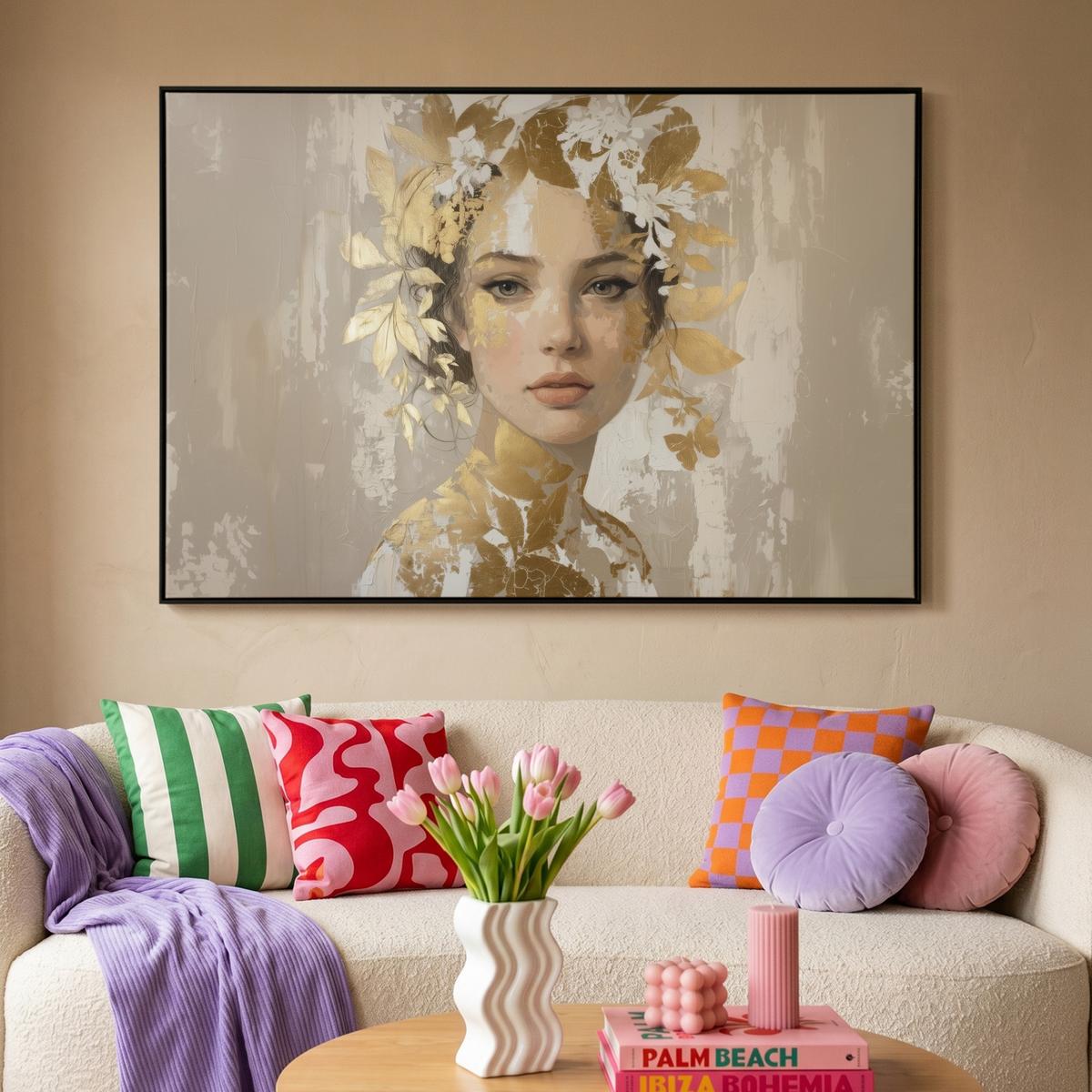 LEINWAND Bilder mit Rahmen - Gesicht - Frau - Blätter - Gold - 140x90 - Beige, Textil (140/90cm) - MuchoWow