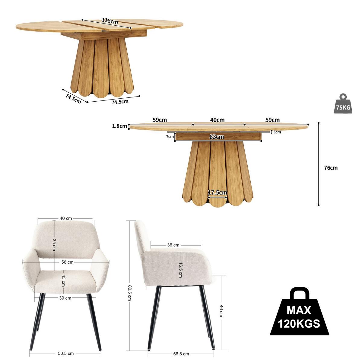ESSTISCH-SET 1+6, ausziehbarer Tisch mit 6 Esszimmerstühlen - Schwarz/Naturfarben, Holzwerkstoff (118/76/118cm) - Urban Meuble