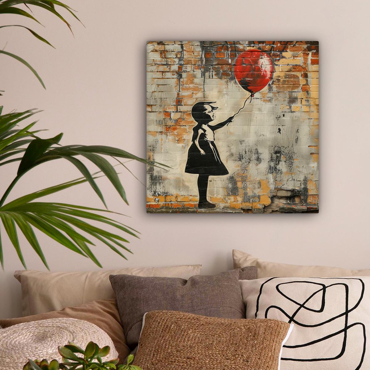 LEINWANDBILD Graffiti - Banksy - Mädchen - Straßenkunst Wandbild Wohnzimmer 50x50 cm - Sandfarben, Textil (50/50cm) - MuchoWow