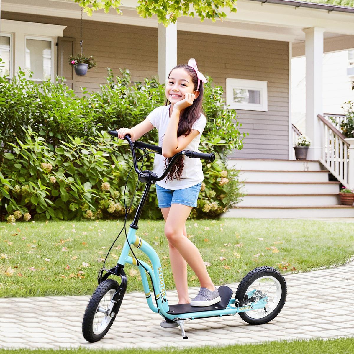 KINDERROLLER Höhenverstellbar Tretroller mit 12 Zoll Luftreifen, Kinder Roller - Hellblau, Metall (120/58/95cm) - HOMCOM