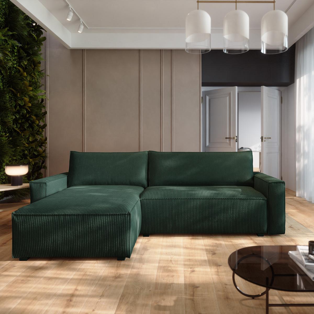ECKSOFA BESMIR Grün Kordstoff mit Schlaffunktion - Grün, Holz (275/148cm) - MASSENO