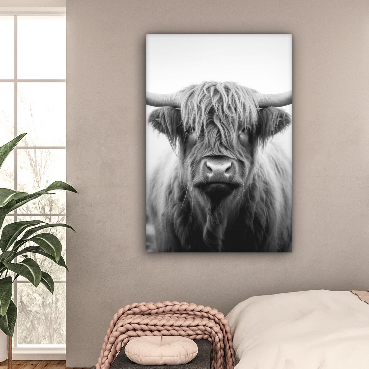 LEINWANDBILD Schottischer Highlander - Nebel - Schwarz - Weiß Deko XXL 80x120 cm - Grau, Textil (80/120cm) - MuchoWow