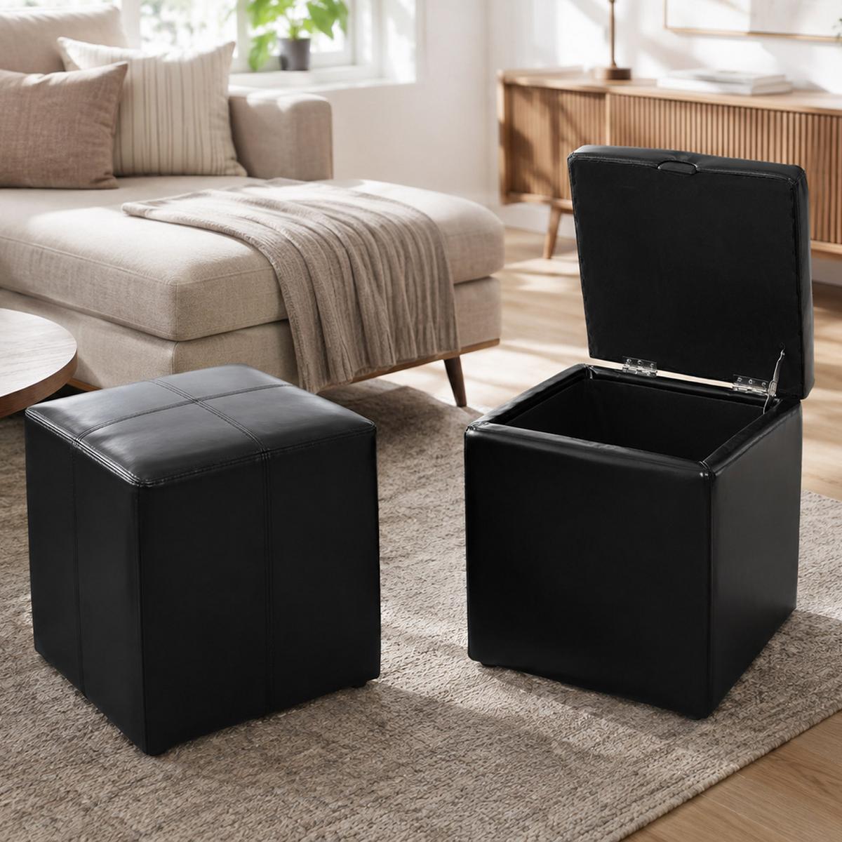 SITZHOCKER Schwarz 2er-Set - Schwarz, Leder (44/45/44cm) - MCW