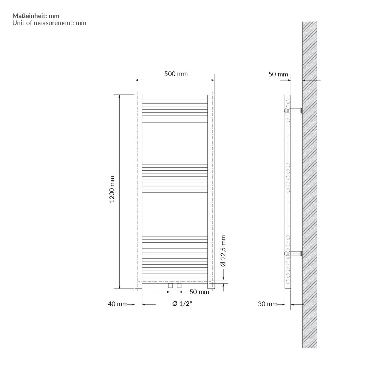 HANDTUCHHEIZKÖRPER 500 x 1200 mm Beige Badheizkörper gerade mit Mittelanschluss - Beige, Metall (50/120/3cm) - LuxeBath