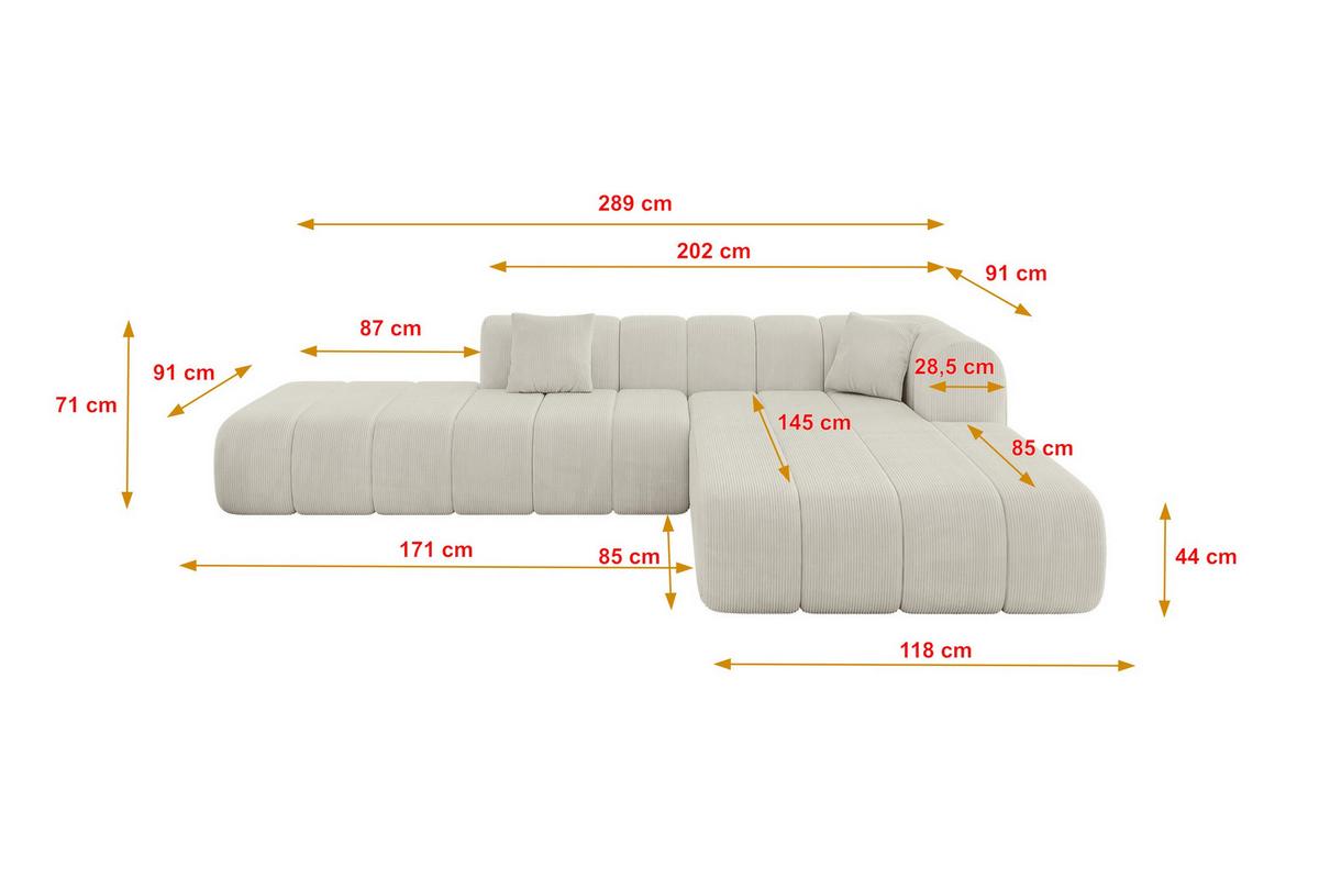 ECKSOFA Ottomane Rechts BILA-L 289x176x71 Creme Cord - Creme/Schwarz, Holzwerkstoff/Kunststoff (289/176cm) - ALTDECOR