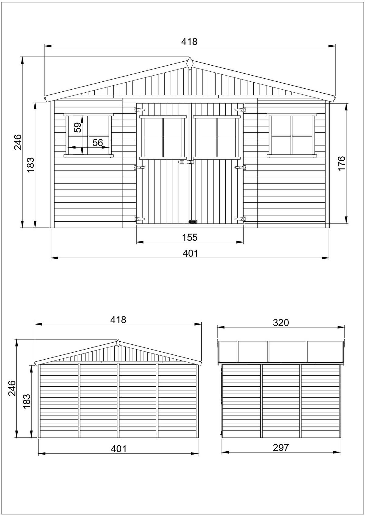 HOLZ-GARTENHAUS H246 x 418 x 320 cm/ 12 m² - Beige, Holz (418/246/320cm) - Timbela