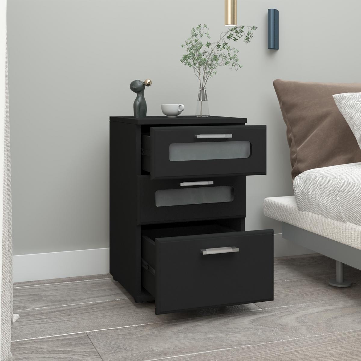NACHTTISCH 2er Set mit 3 Schubladen Schwarz 40x60x38 cm aus Holz - Schwarz, Holzwerkstoff (40/60/38cm) - ML-DESIGN