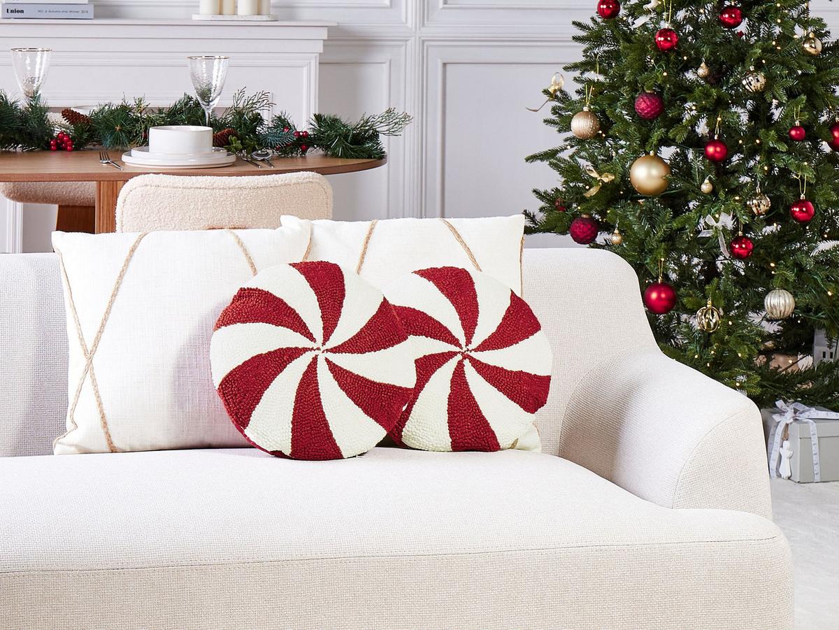 DEKOKISSEN 2er-Set Weiß 40/40 cm Swirl Candy - Rot/Weiß, Textil (40/40cm) - Beliani