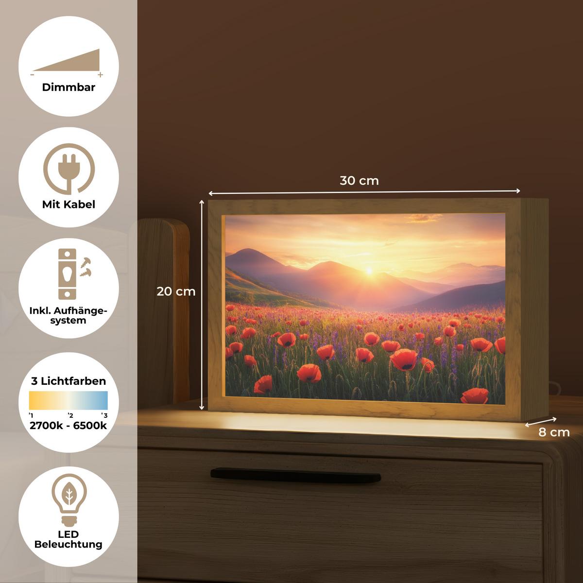 TISCHLEUCHTE Landschaft - Sonnenuntergang - Blumenfeld 30x20 cm - Dunkelblau, Holzwerkstoff (8/30/20cm) - OnlyWow