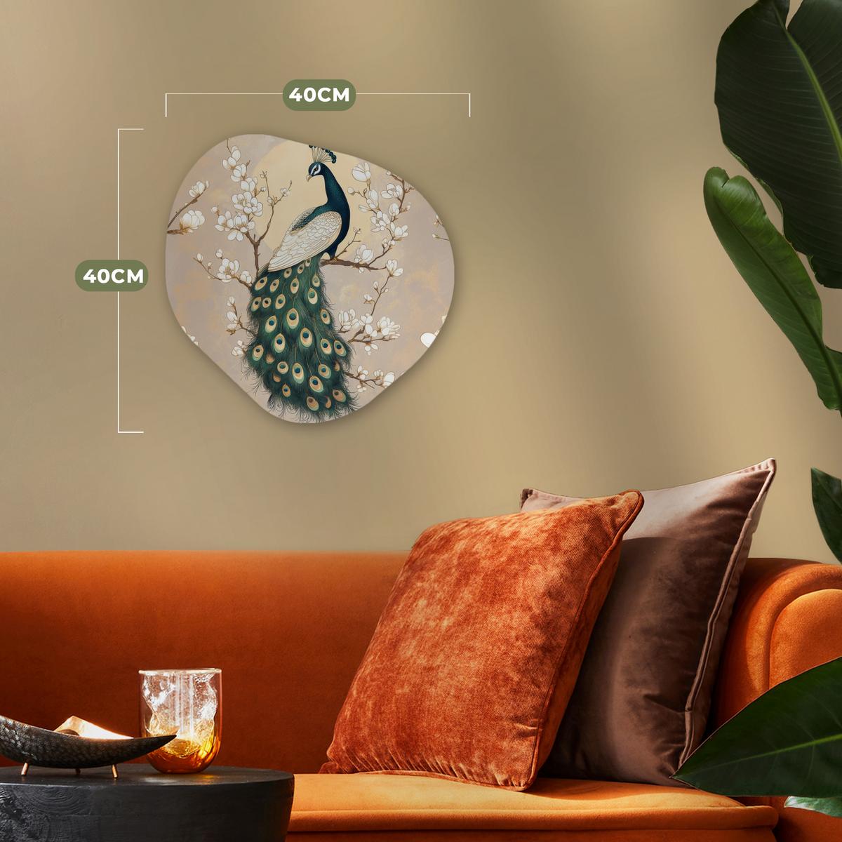 WANDBILD Pfau - Zweig - Blumen Wanddeko 40x40 cm - Champagner, Kunststoff (40/40cm) - MuchoWow