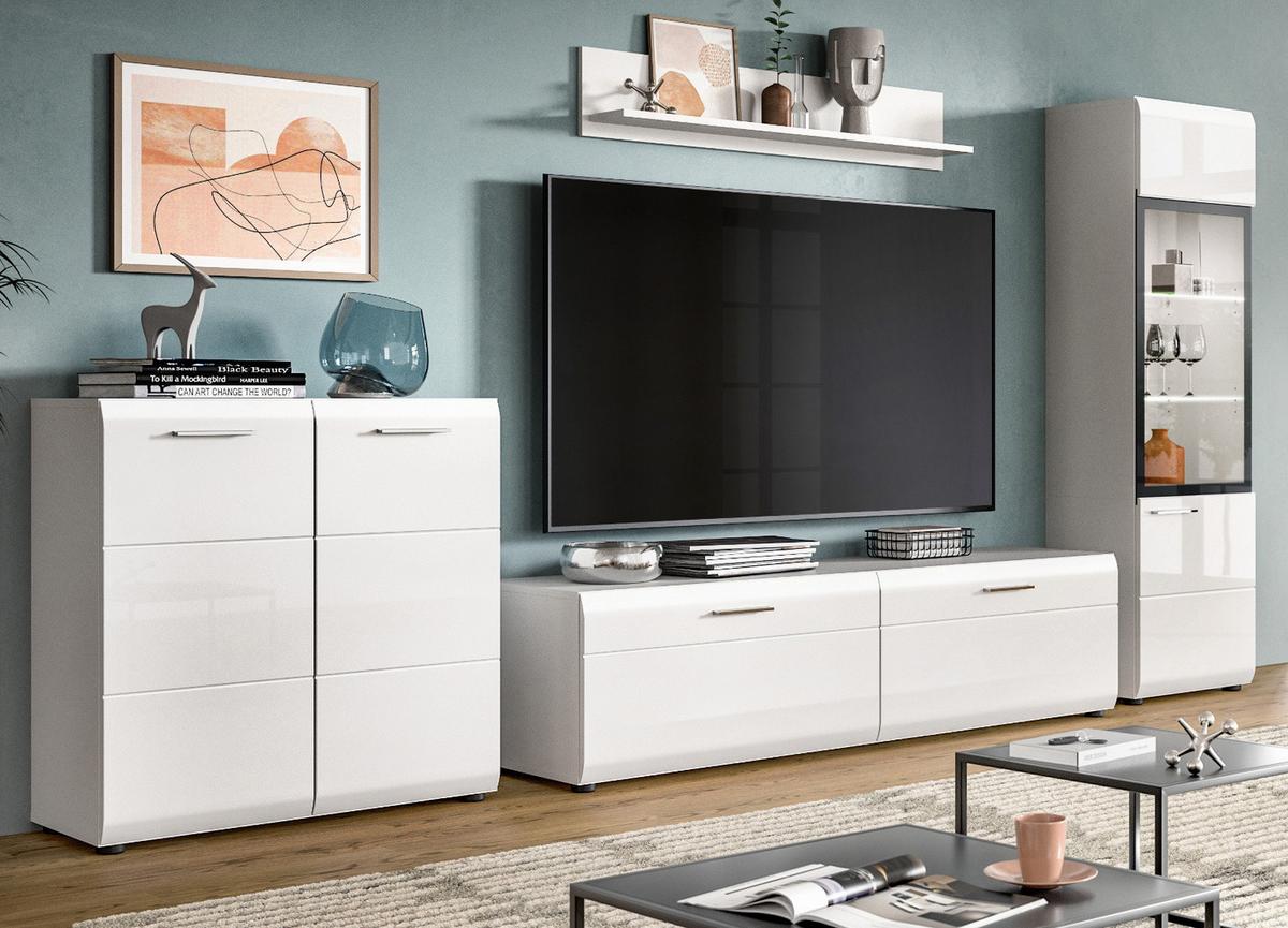WOHNWAND weiß Hochglanz 4-teilig 315 cm, Schrankwand mit viel Stauraum - Weiß Hochglanz/Silberfarben, Glas/Holzwerkstoff (315/160/41cm) - Inn.Furn