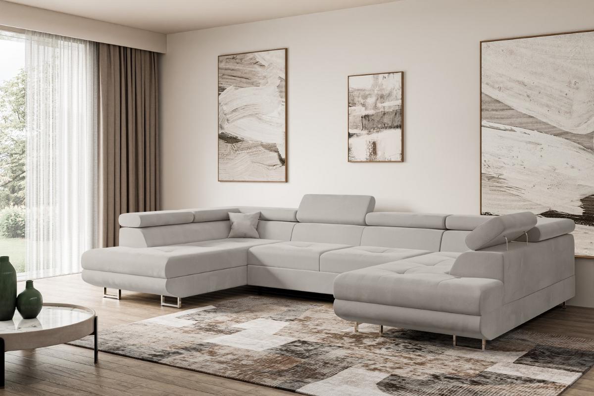 WOHNLANDSCHAFT mit Schlaffunktion und Bettkasten GUSA-U 342x202x107 cm Hellbraun Velours - Hellbraun/Silberfarben, Holzwerkstoff/Textil (342/107/202cm) - ALTDECOR