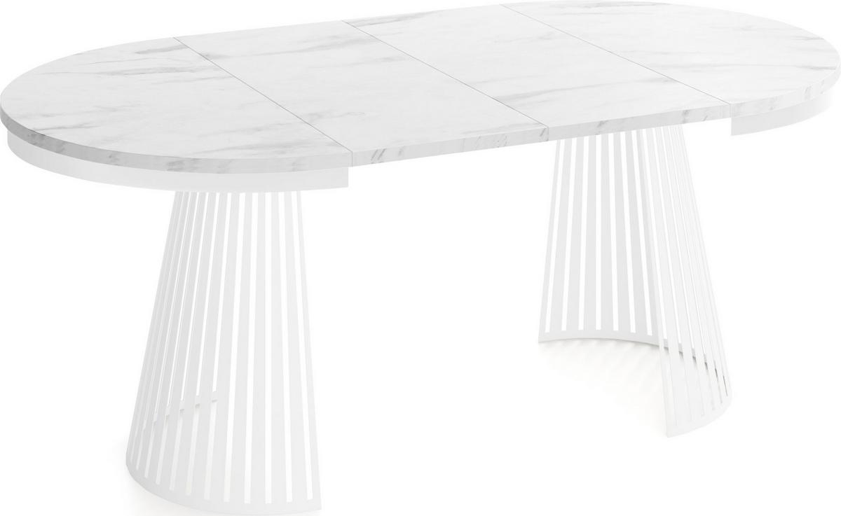 ESSTISCH Naro rund ausziehbar mit Weißem Lamellen-Metallgestell, Marmor Weiß 100-180/100/76 cm - Ecru/Weiß, Holzwerkstoff/Metall (100/176/76cm) - WFL GROUP