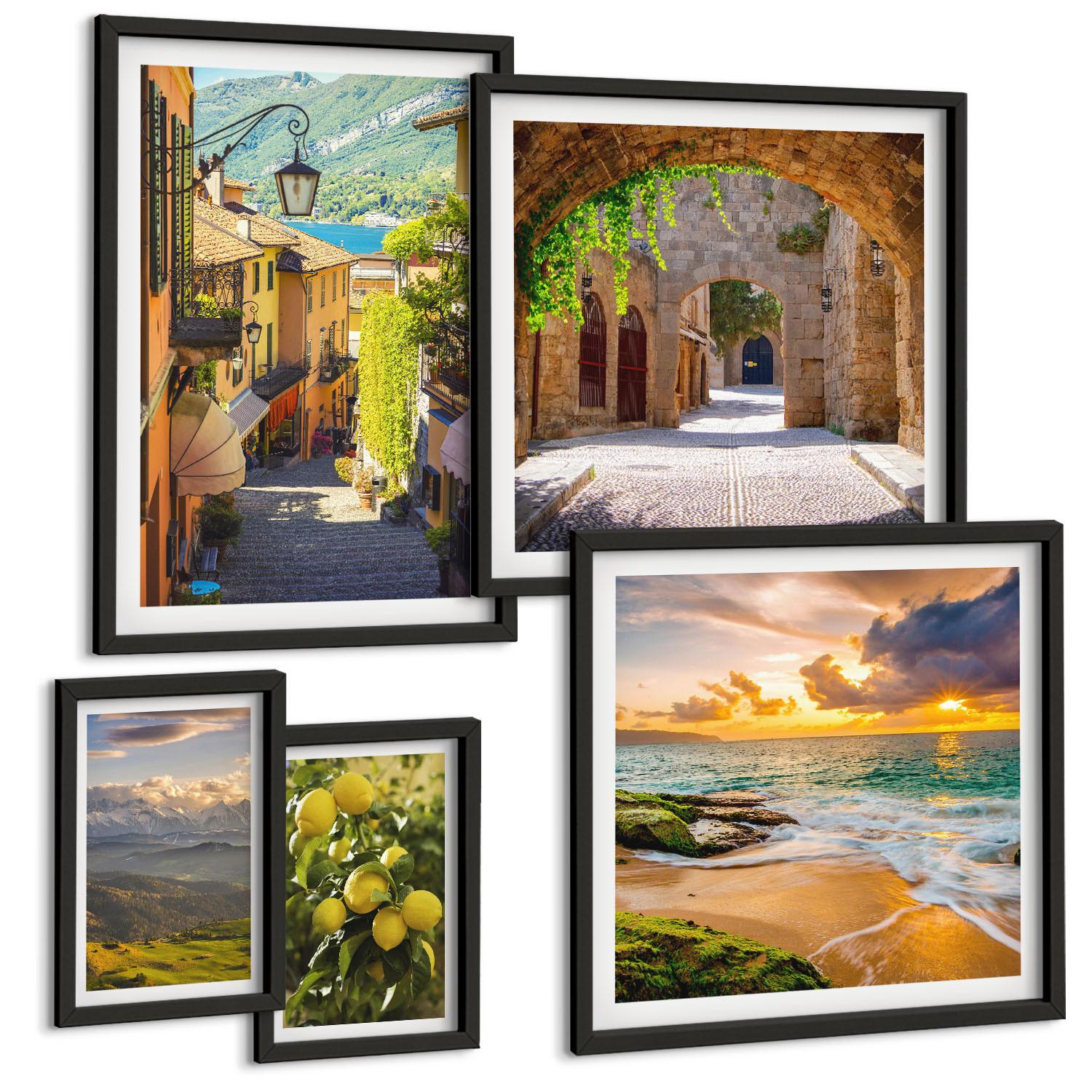 BILDER SET 5er Set - 50x50 cm & 20x30 cm & 40x60 cm Schwarzer Rahmen - Malerische Straßen am Meer, Strand - Schwarz, Kunststoff (40/60cm) - TULUP