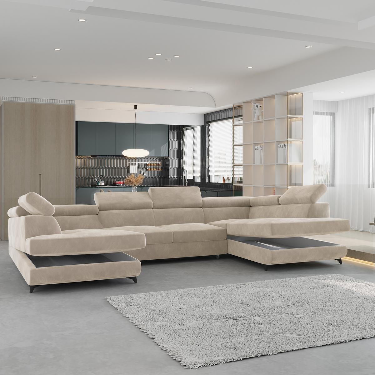 WOHNLANDSCHAFT VINTESSA Creme Velours-Stoff mit Schlaffunktion - Creme, Holz (323/89/190cm) - MASSENO