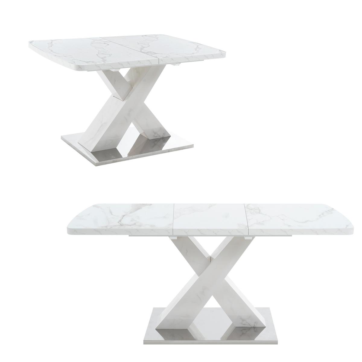 ESSTISCH AUSZIEHBARER Weiß Marmoroptik mit Ausziehfunktion & X-Gestell - Weiß, Holzwerkstoff/Metall (80/160/77cm) - Urban Meuble