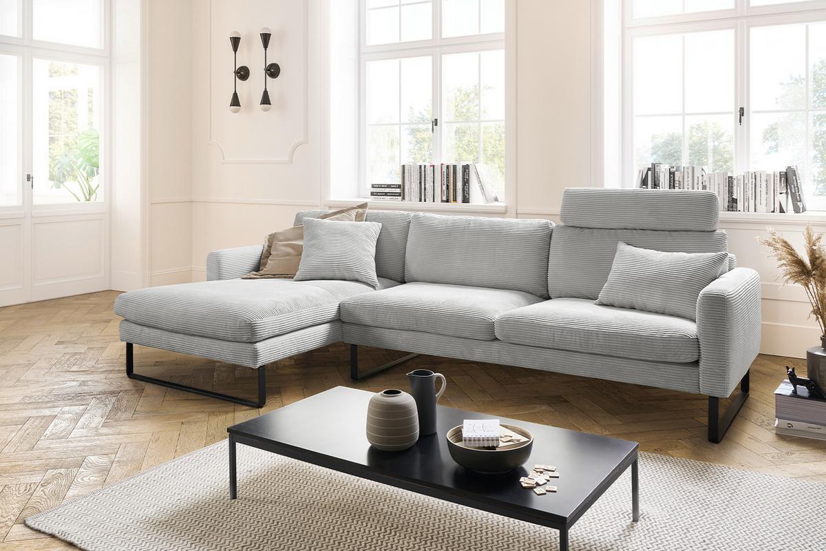 ECKSOFA RICARDA Hellgrau Cord - Hellgrau/Schwarz, Textil/Metall (298/154cm) - KAWOLA