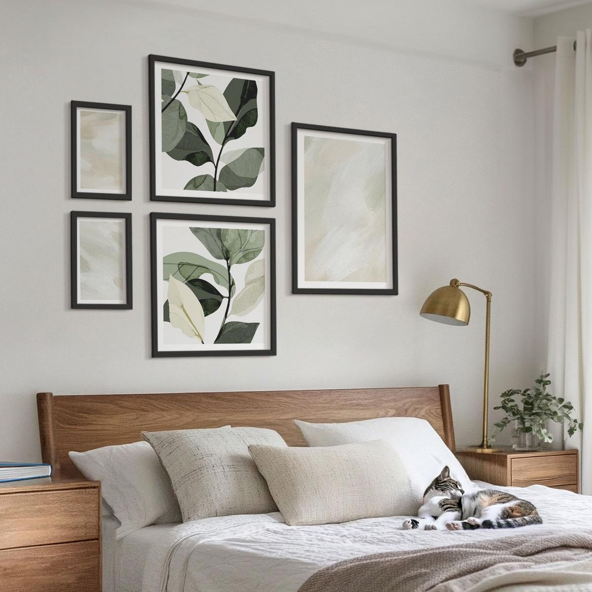 BILDER SET 5er Set - 50x50 cm & 20x30 cm & 40x60 cm Schwarzer Rahmen - Leuchtende, abstrakte Boho-Farben - Schwarz, Kunststoff (40/60cm) - TULUP