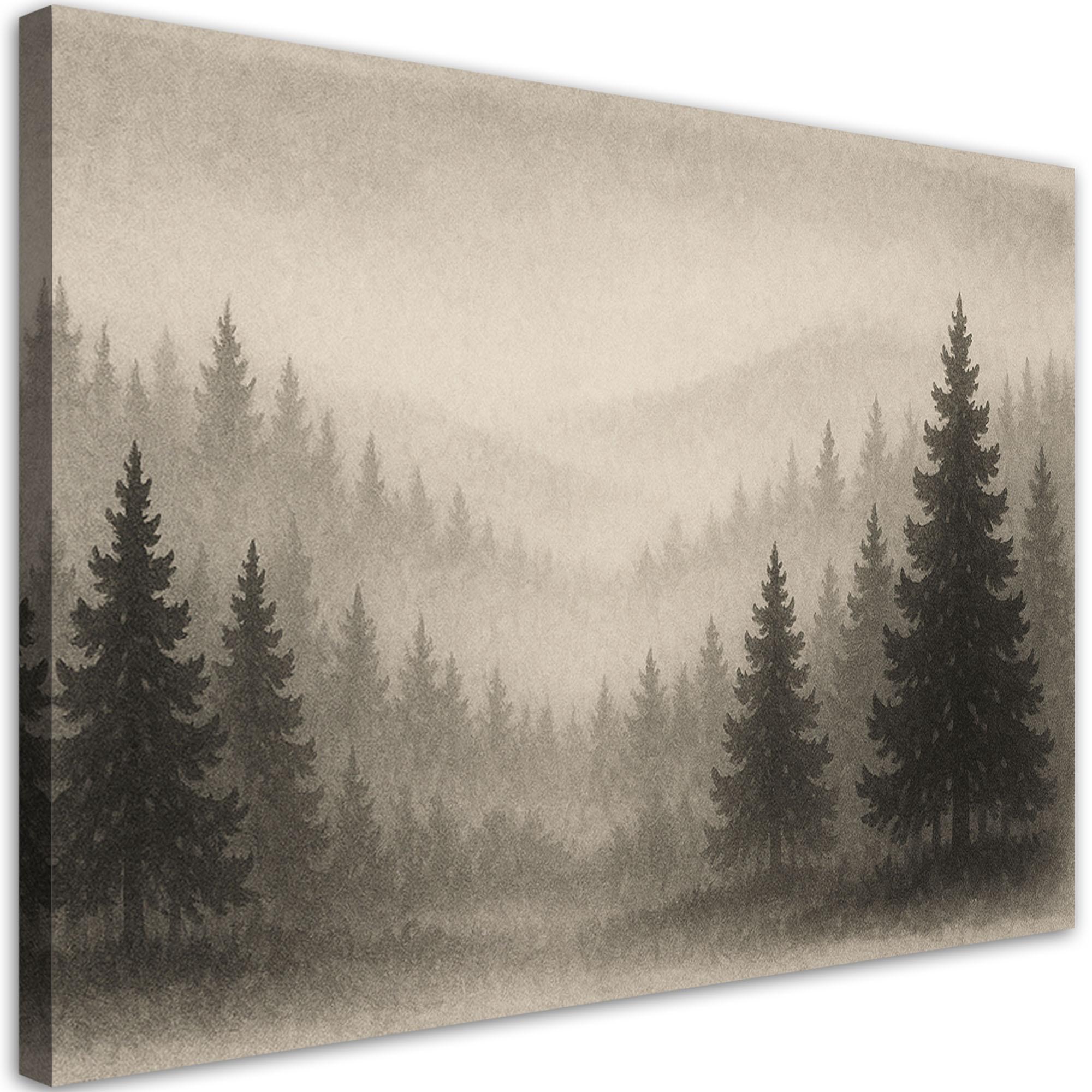 LEINWANDBILD Bäume Wald Nebel Beige 120x80cm - Grau, Textil (120/80cm) - Feeby