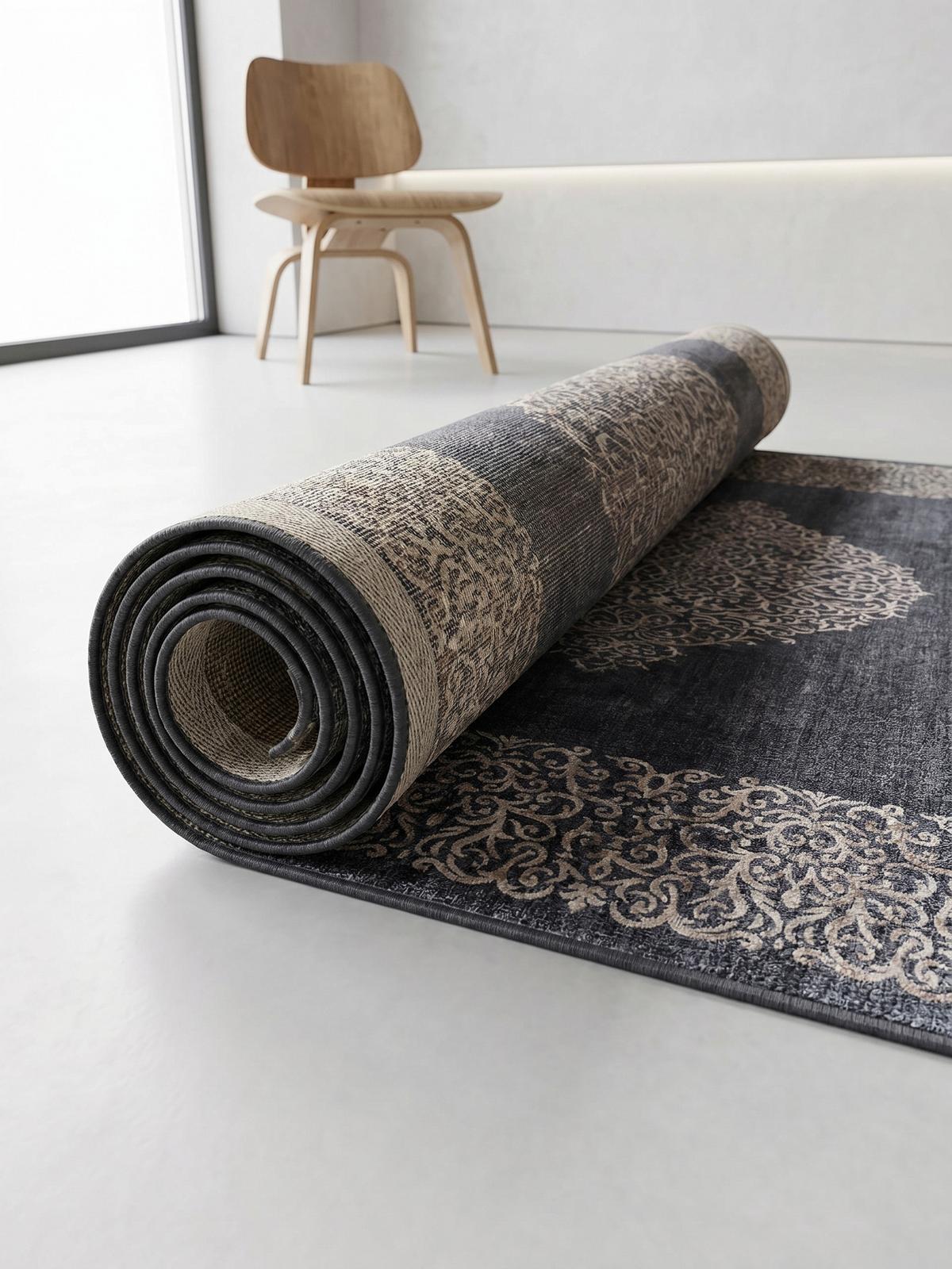 TEPPICH Flachgewebe Waschbar PIZOL in Schwarz, mit Barock-Motiv, 80 x 250 cm - Schwarz, Textil (250/80cm) - KADIMA DESIGN