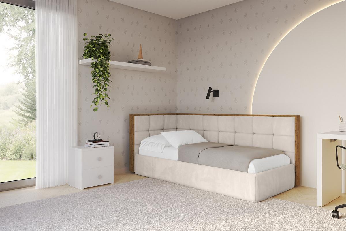 EINZELLBETT Jugendbett mit Bettkasten, Rechts - SOVY 90x200 Beige - Sandfarben, Holzwerkstoff/Textil (90/200cm) - ALTDECOR