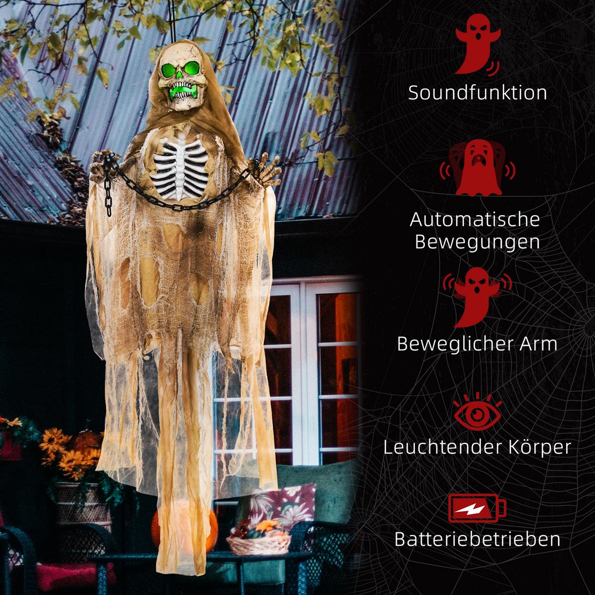 183CM Halloween Dekoration Hängendes Skelett mit LED-Lichter, Soundfunktion - Hellbraun, Kunststoff (18/183/70cm) - HOMCOM
