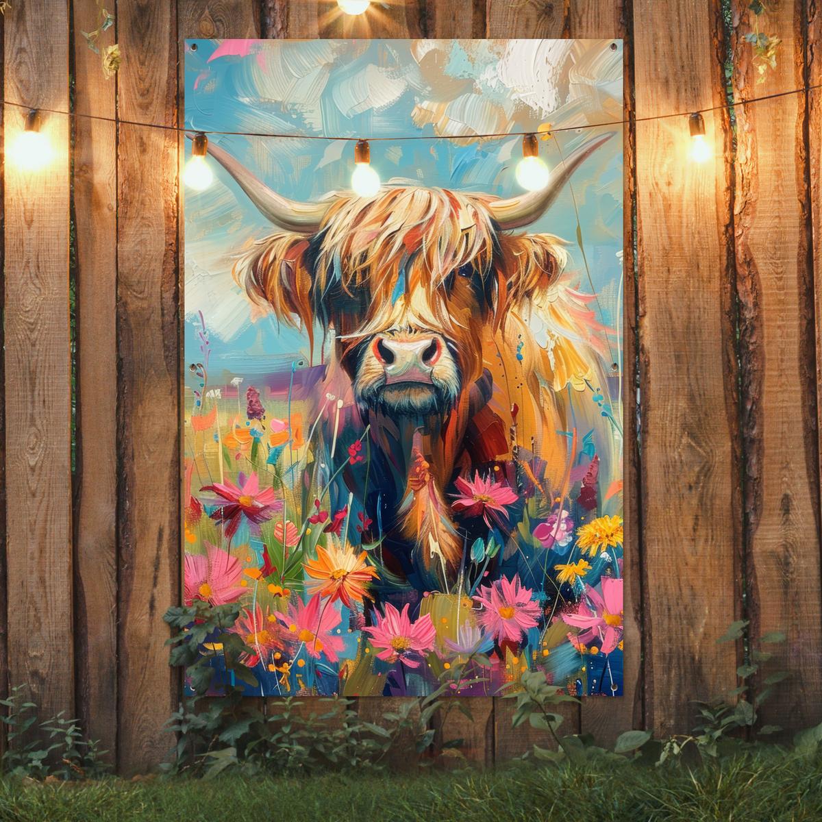 GARTENPOSTER Schottische Hochländer - Natur - Farbenfroh - Blumen Bild 120x180 cm - Hellblau, Kunststoff (120/180/0.2cm) - OnlyWow