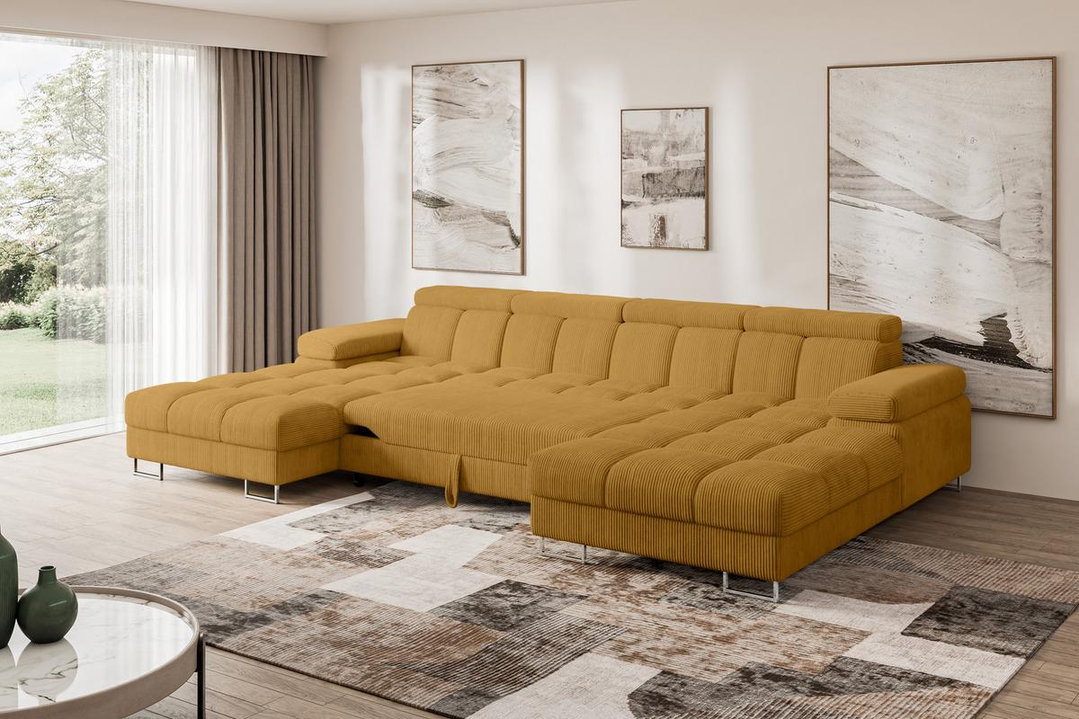 WOHNLANDSCHAFT mit Schlaffunktion und Bettkasten COMA U2 345x203x79 Senfgelb Cord - Honig, Holzwerkstoff/Textil (345/79/203cm) - ALTDECOR