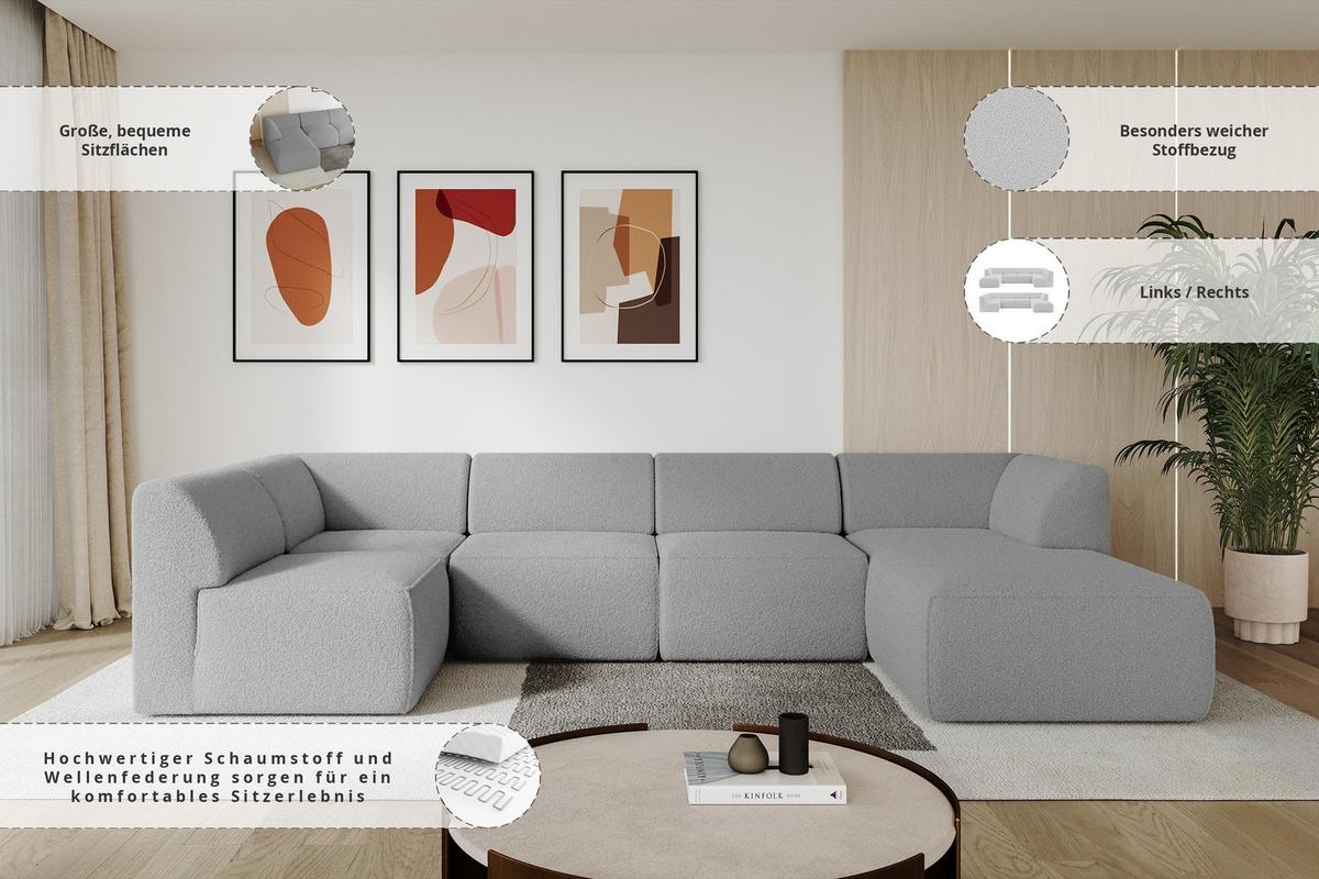 WOHNLANDSCHAFT Ottomane Rechts MOVO-L 345x180x78 cm Hellgrau Bouclé - Anthrazit, Holzwerkstoff/Kunststoff (180/78/345cm) - ALTDECOR