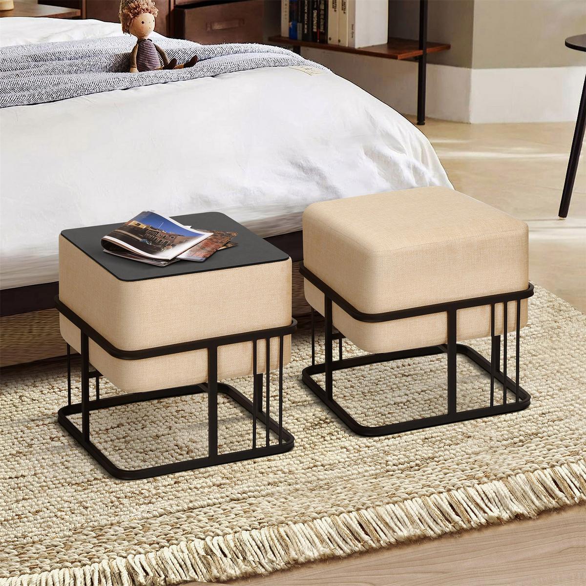 HOCKER-SET 2-TLG. Tas - Beige/Schwarz, Holzwerkstoff/Textil (38/38/38cm) - [en.casa]