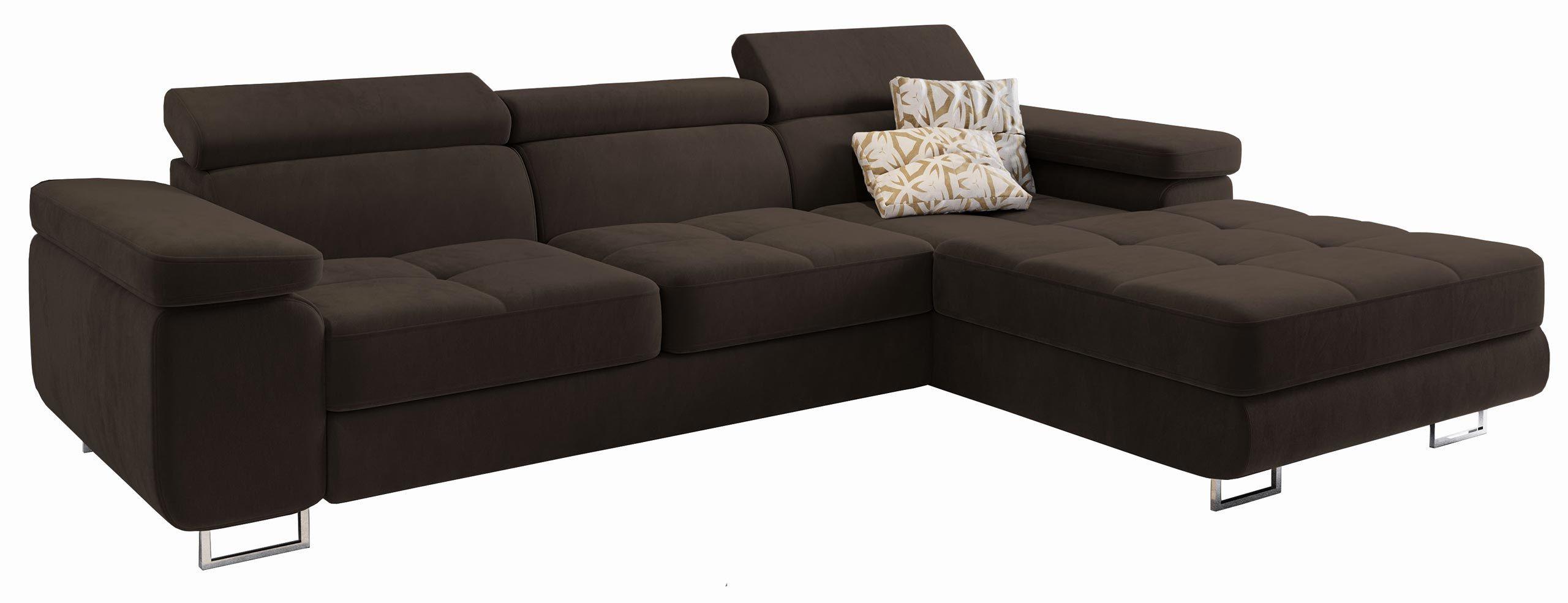 ECKSOFA ELMA R-S Braun Velours-Stoff mit Schlaffunktion - Silberfarben/Braun, Holz/Textil (280/205cm) - MASSENO