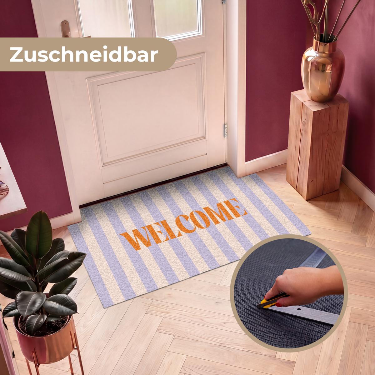 FUSSMATTE Lila – Orange – Streifen – Willkommen 120x80 cm - Flieder, Kunststoff (120/0.4cm) - MuchoWow