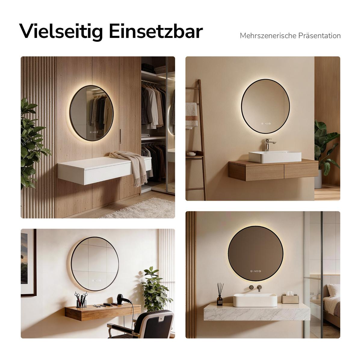 BADSPIEGEL mit LED-Beleuchtung Anti-Beschlag Zeitanzeige Schwarz Ø 70 cm - Schwarz, Glas (70/70/3cm) - EMKE