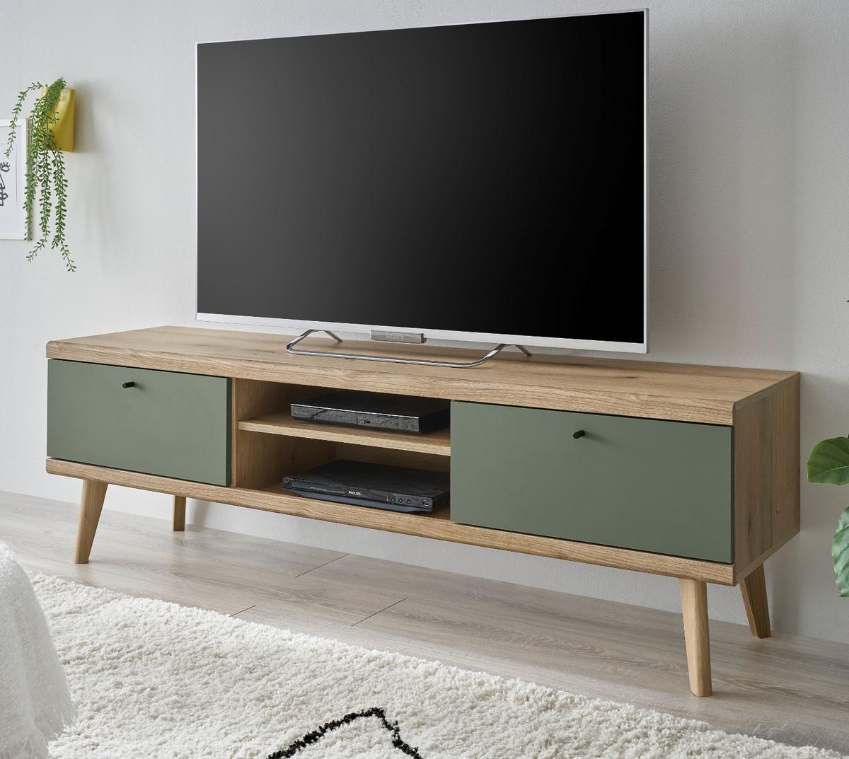 TV-LOWBOARD Salbei grün, Eiche Evoke skandinavisch 160 cm, Fernsehtisch mit Stauraum - Salbeigrün/Eichefarben, Holz/Holzwerkstoff (160/50/40cm) - Furn.Design