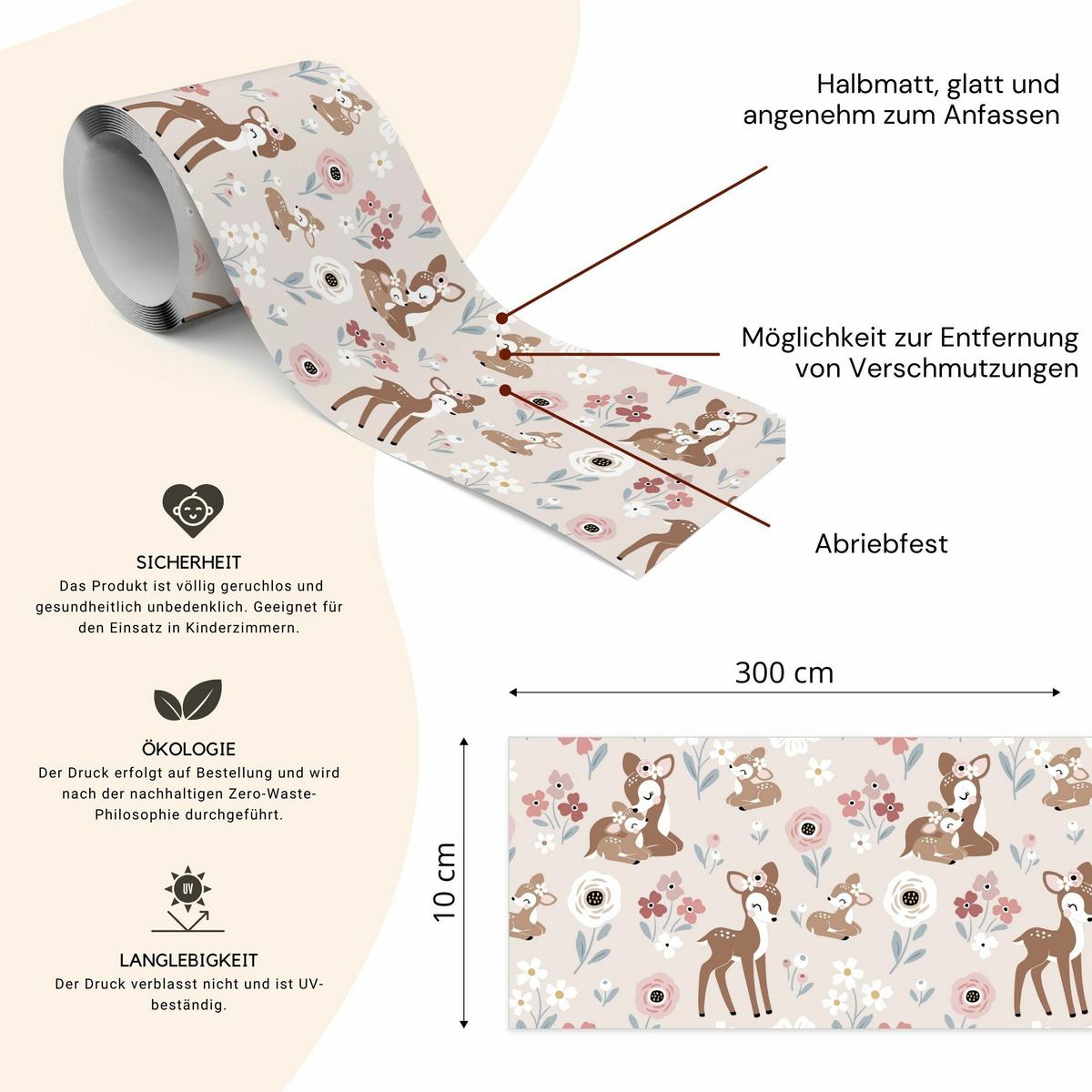 TAPETENBORDÜRE selbstklebend für Kinder REH Hirschkalb Tiere Blumen - Beige/Schwarz, Papier (10/300/300cm) - Muralo
