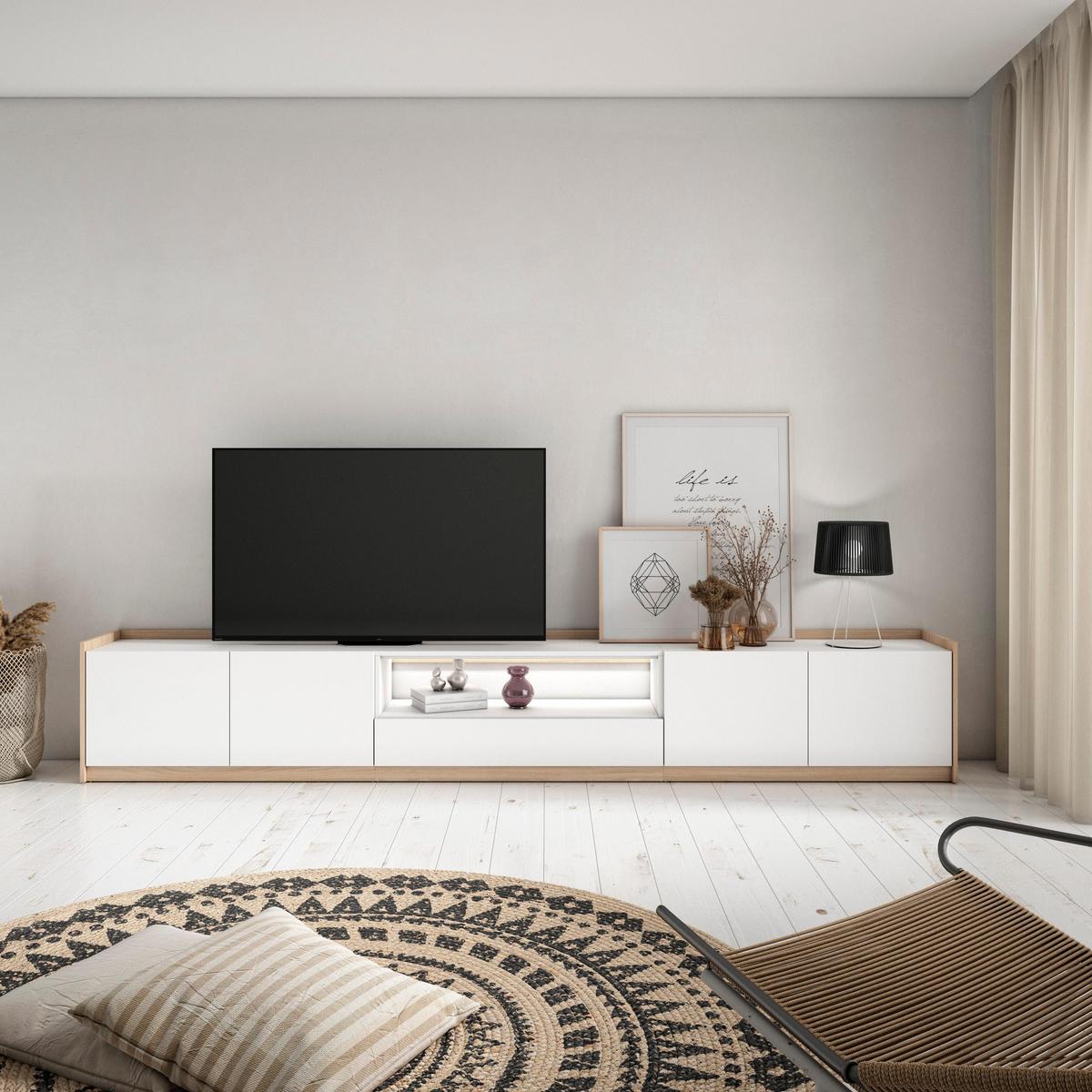 LOWBOARD, Weiß und Eiche, 310/37/50cm, mit Led - Weiß, Holzwerkstoff (310/50/37cm) - Skraut Home
