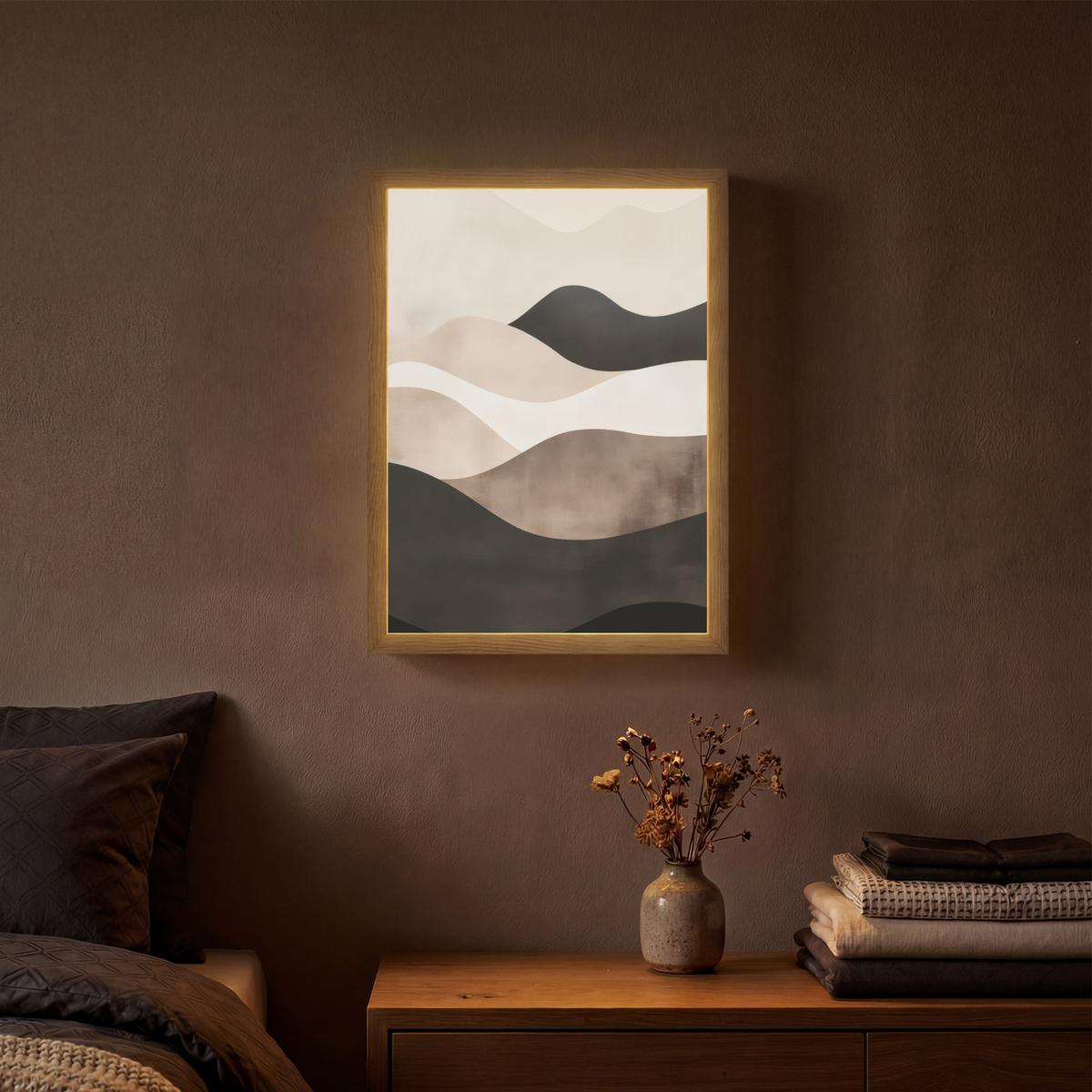 WANDLEUCHTE MIT AKKU Abstrakt - Landschaft - Wellen - Cremefarben 30x40 cm - Graubraun, Holzwerkstoff (30/40/8cm) - OnlyWow
