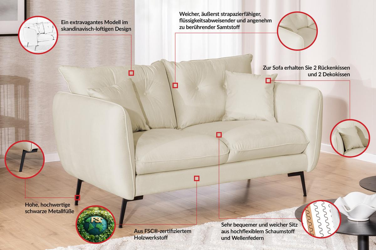 2-SITZER-SOFA Nordloft Beige Samt - Beige/Schwarz, Holz/Textil (174/86/100cm) - S-Style Möbel