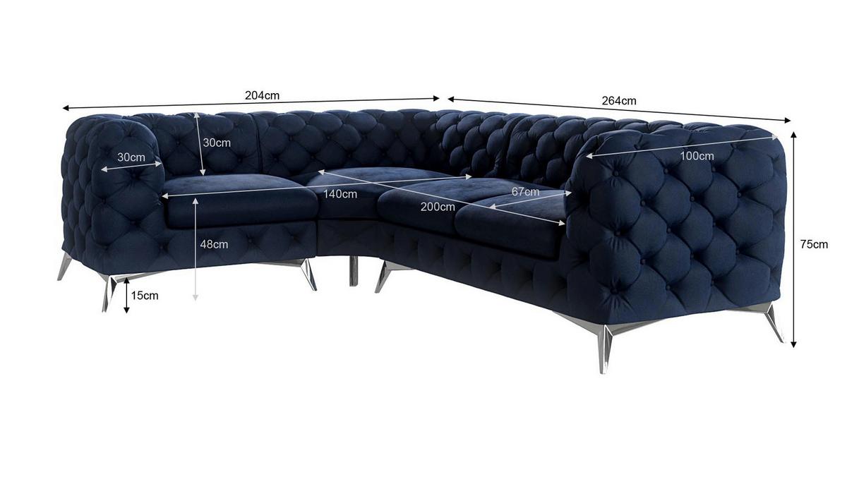 ECKSOFA Chesterfield Laura Marineblau Samt, Ottomane Links - Silberfarben/Dunkelblau, Holz/Textil (264/204cm) - S-Style Möbel